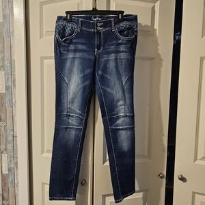 Amethyst Jeans Women's Dark Blue Skinny Moto Panel Jeans Stretch Size 11